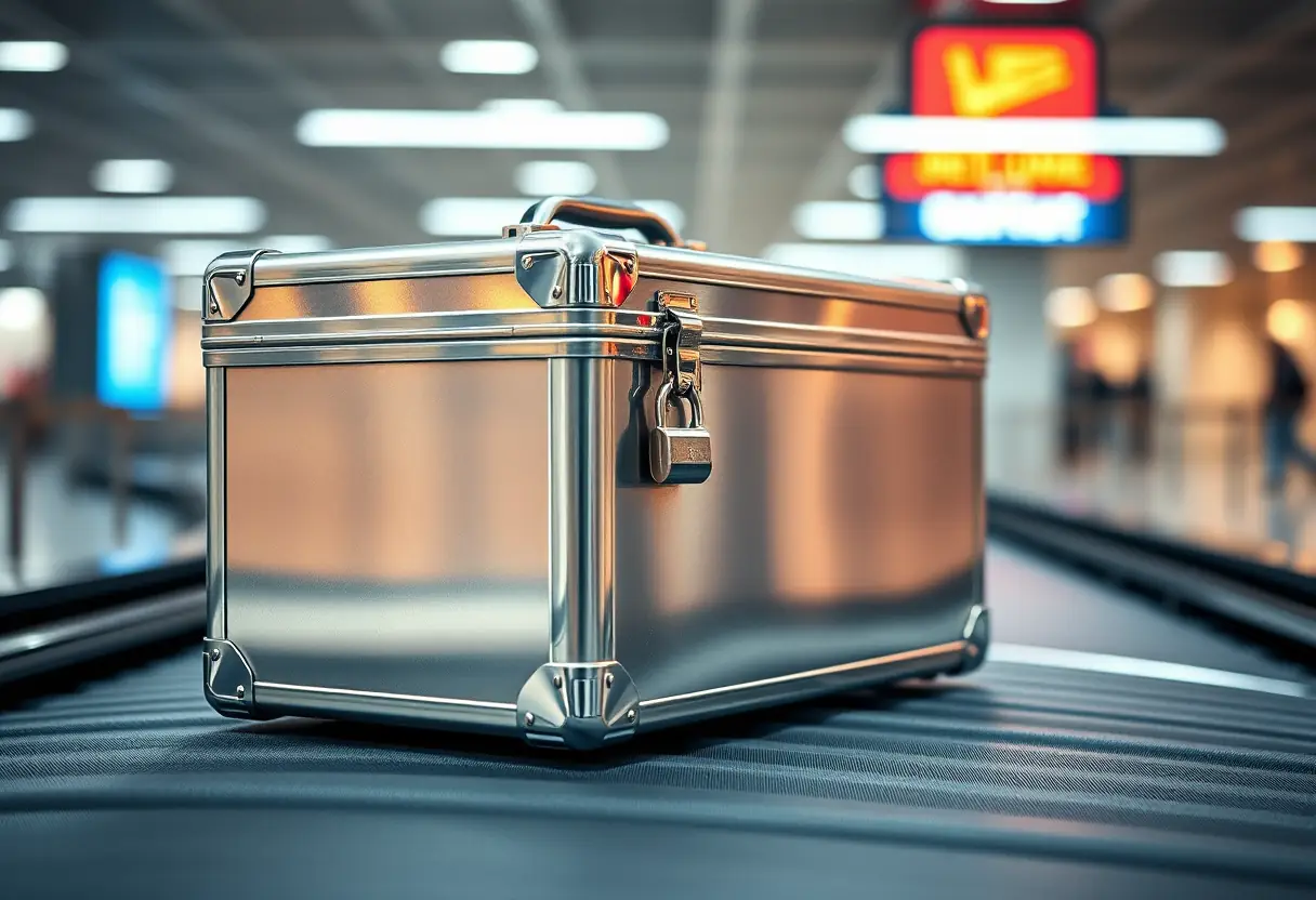 Une valise métallique fermée par un cadenas sur un tapis roulant dans un aéroport.