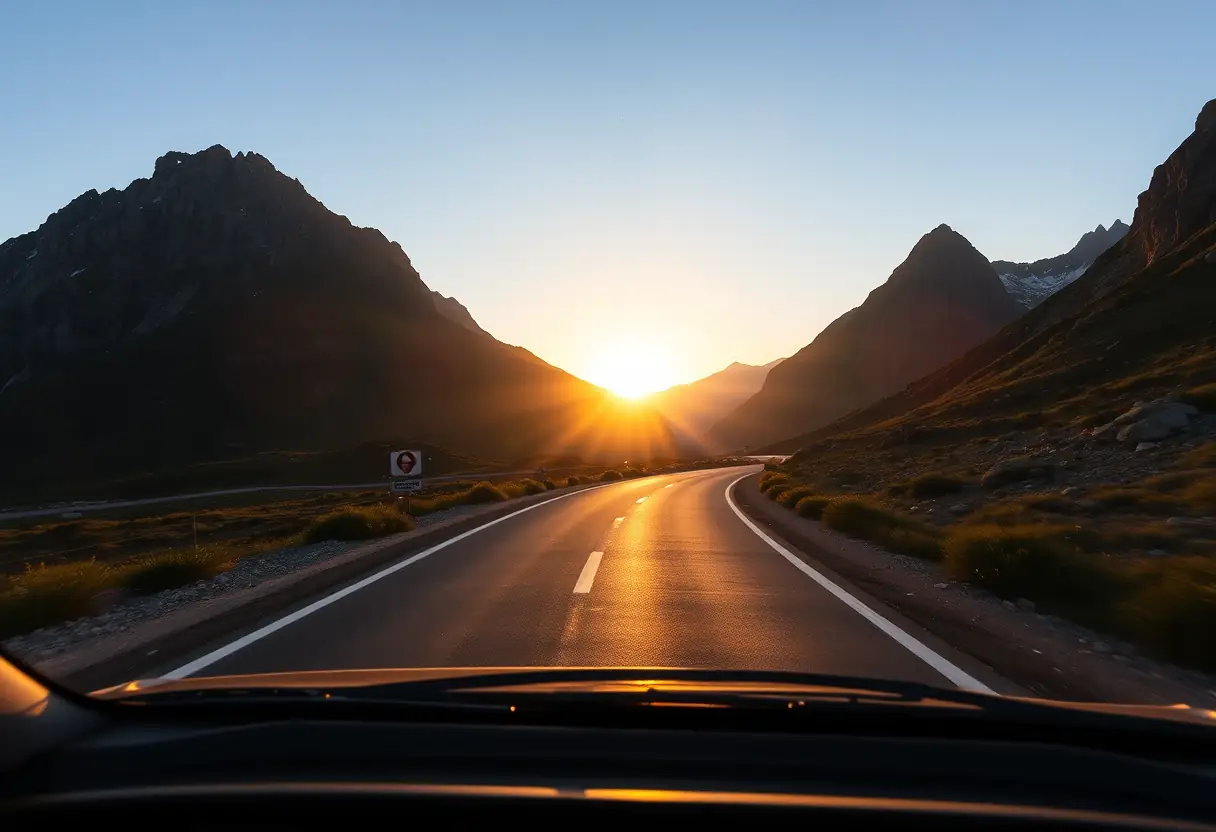 Vue panoramique par la lunette avant d’un camping-car qui roule sur une route sinueuse en montagne au crépuscule