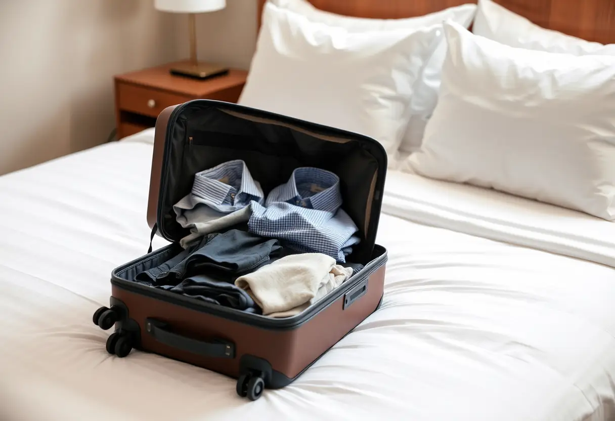 Une valise ouverte sur un lit d'hôtel révèle des vêtements pliés