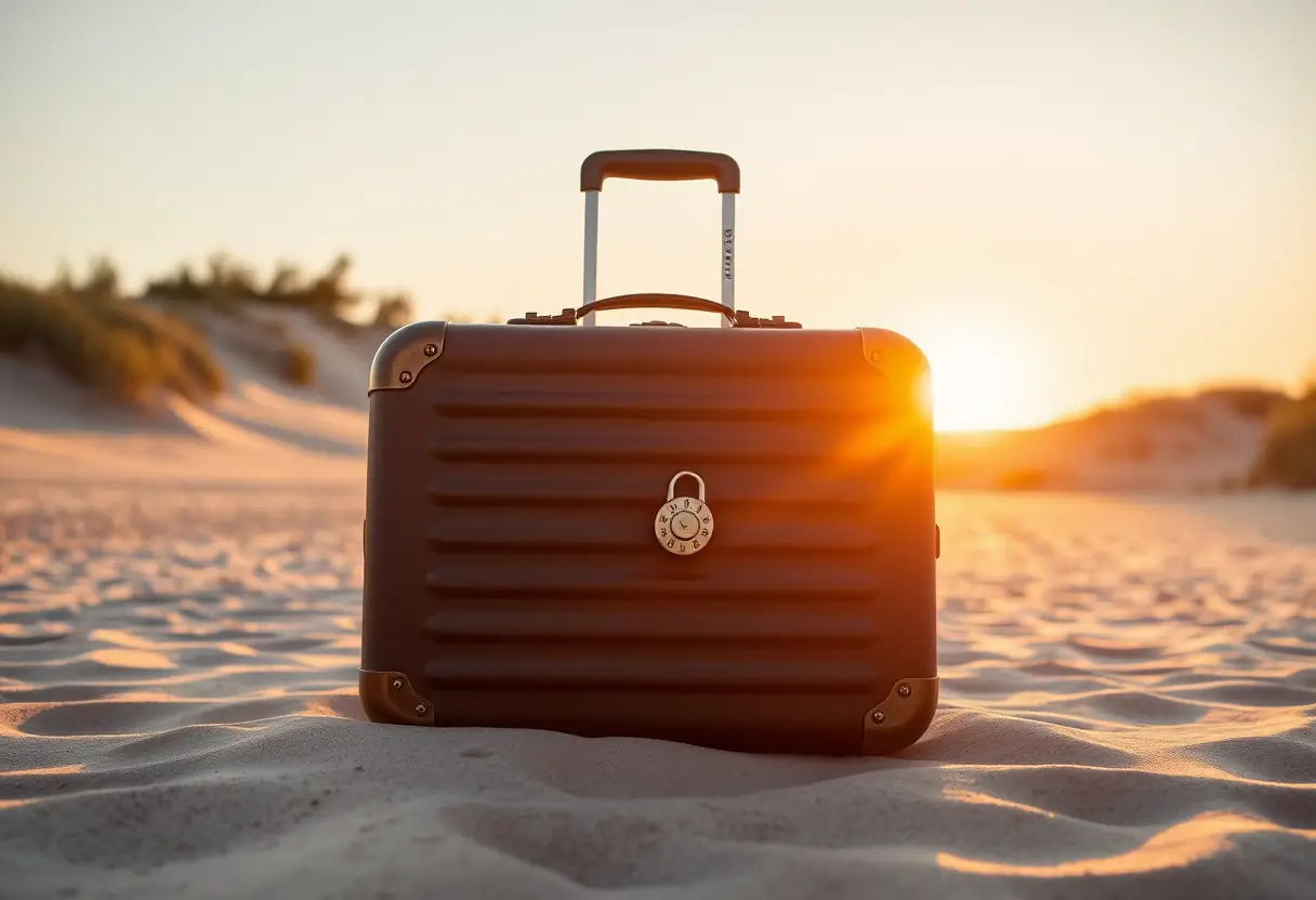 Une valise sur le sable, éclairée par le coucher de soleil.