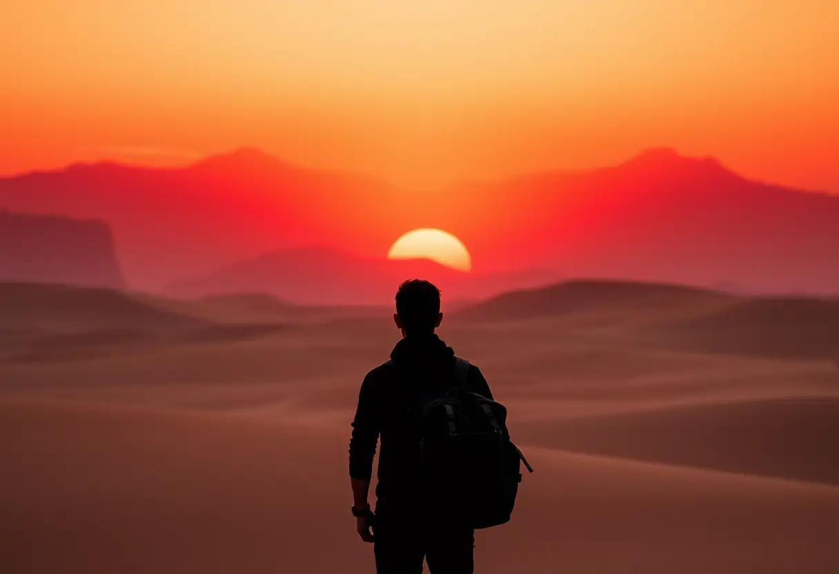 Un voyageur silhouetté devant les dunes de sable au coucher du soleil.