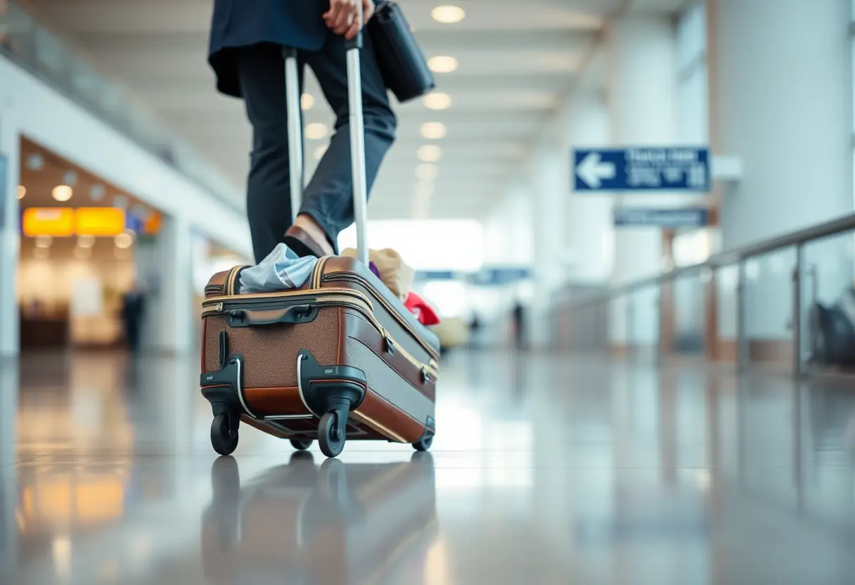 Une valise à roulette roule sur le sol lisse d'un aéroport, ses contenus bougent légèrement à l'intérieur, au Japon.