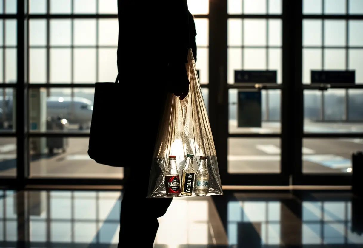 Une silhouette tient un sac en plastique transparent devant plusieurs petites bouteilles à l'aéroport