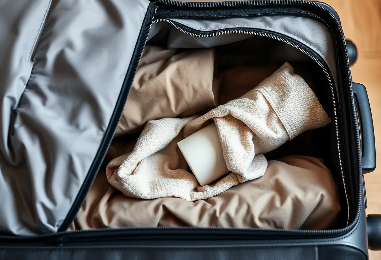 Une valise fermée révèle un compartiment organisé où un contenant cylindrique est nettoyé.
