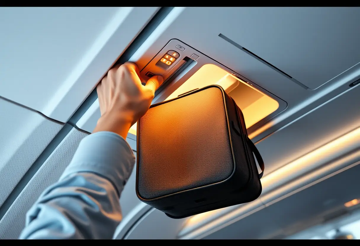 Une main introduit un sac carré dans le porte-bagages d'avion