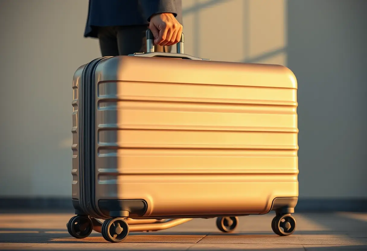 Une main stabilise une valise rigide en polycarbonate près d'un aéroport, prête pour un voyage.