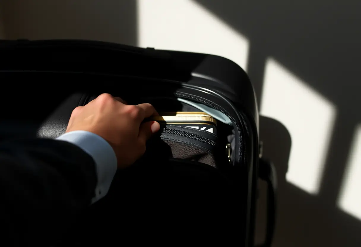 Une main refermant la poche d'une valise rigide