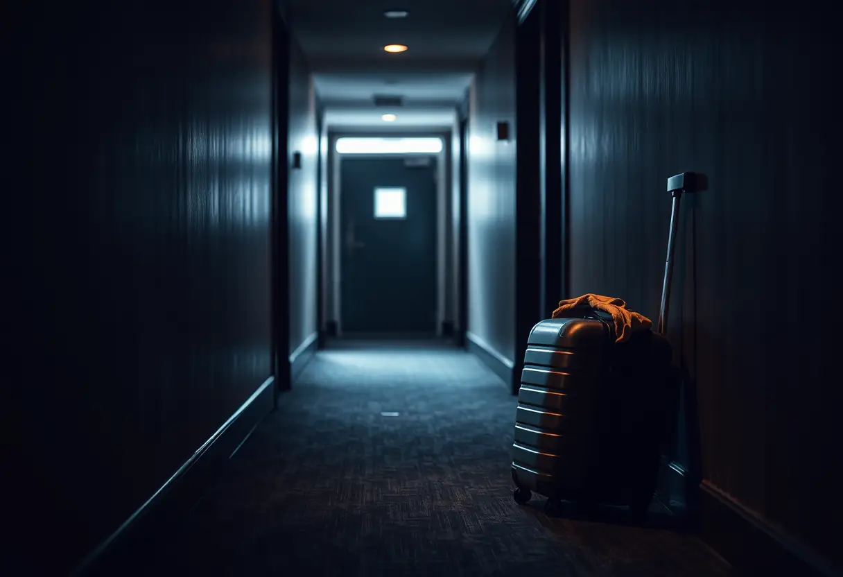 Une valise rigide contre un mur d'un couloir d'hôtel