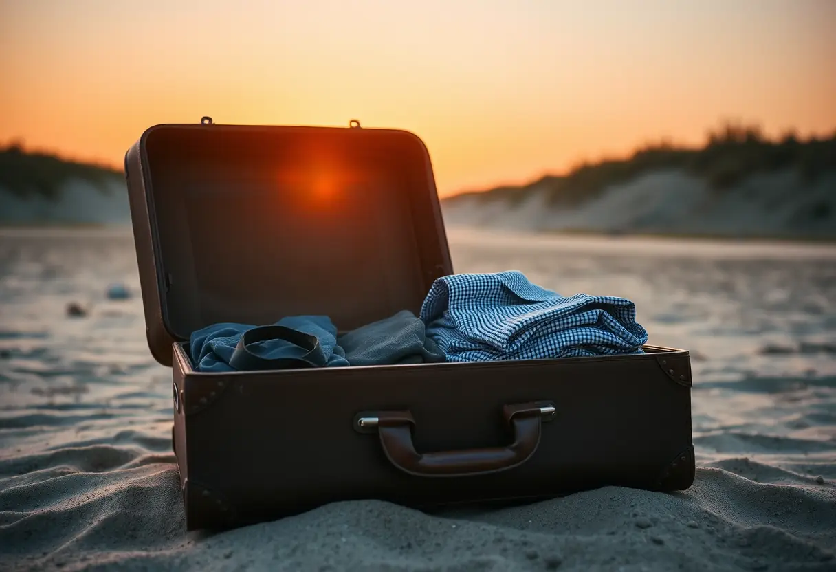 Une grande valise en cuir ouverte sur une plage, révélant des vêtements soigneusement pliés ; le soleil se couche derrière.