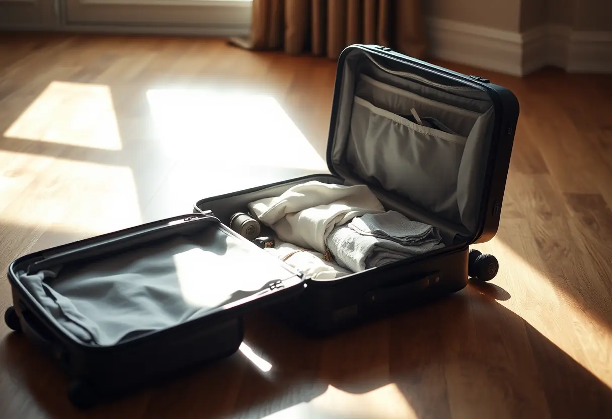 Une valise ouverte sur un plancher de bois contenant des vêtements soigneusement pliés