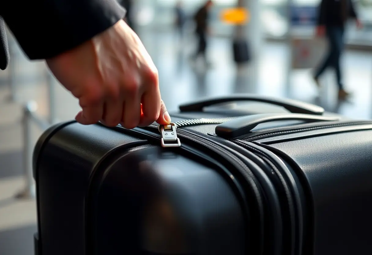 Une main refermant une valise à l'aéroport, la fermeture métallique brillant sous la lumière naturelle