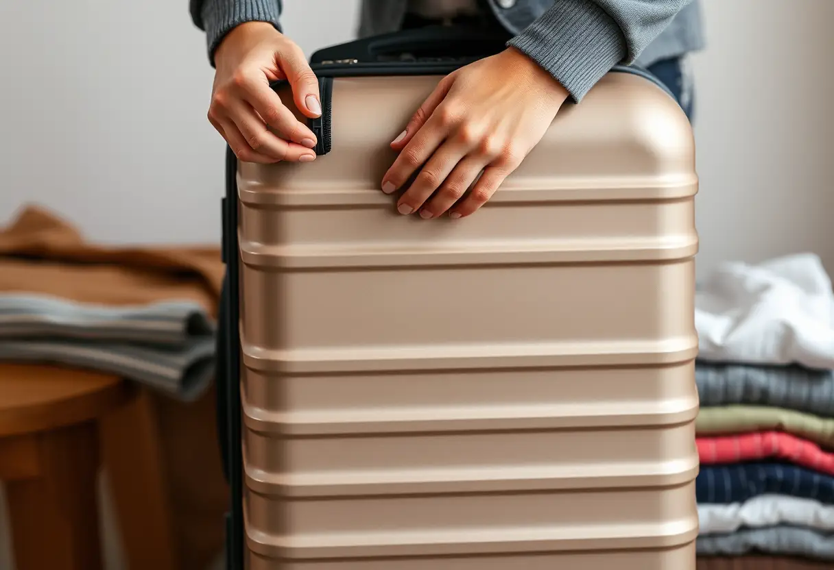 Des mains refermant une fermeture Éclair sur une valise rigide en plastique, près d'une pile de vêtements pliés en Martinique