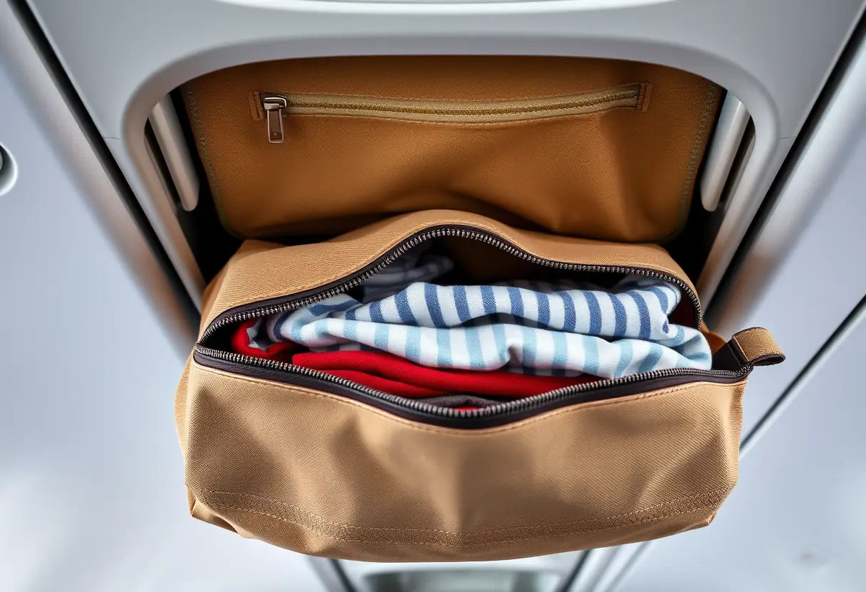 Une valise en toile remplit soigneusement est visible dans le compartiment à bagages.