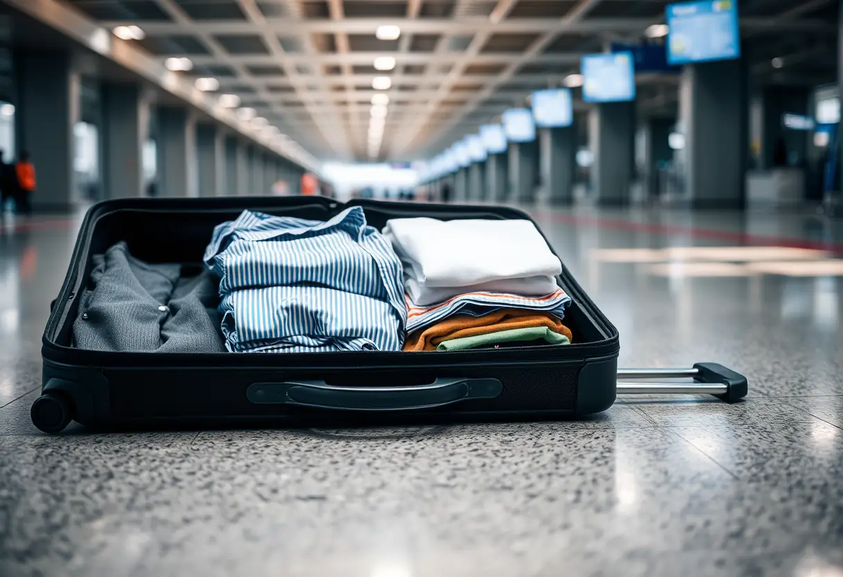 Une valise à roulette ouverte révèle des vêtements pliés soigneusement rangés à l'aéroport.