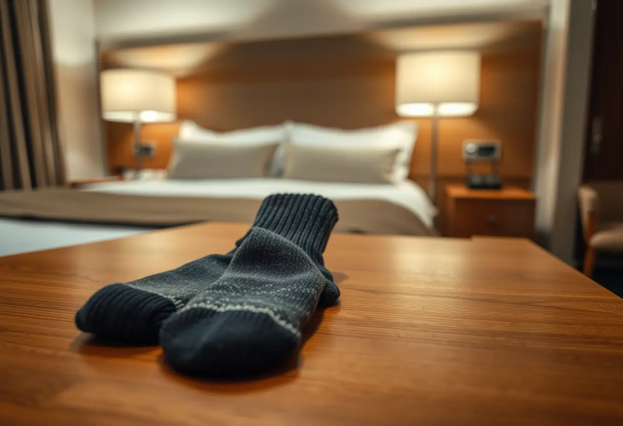 Des chaussettes en laine pliées sur une commode dans une chambre d'hôtel