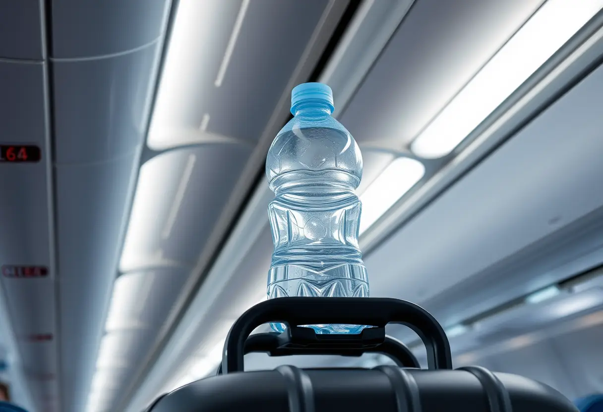 Une bouteille d'eau posée sur une rangée de bagages dans un avion