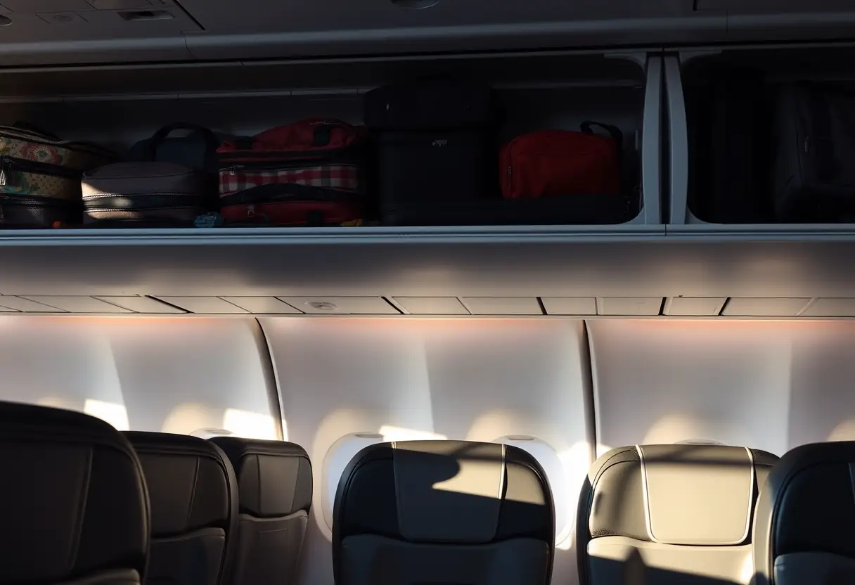 Des rangées de sièges d'avion avec des valises accrochées au-dessus
