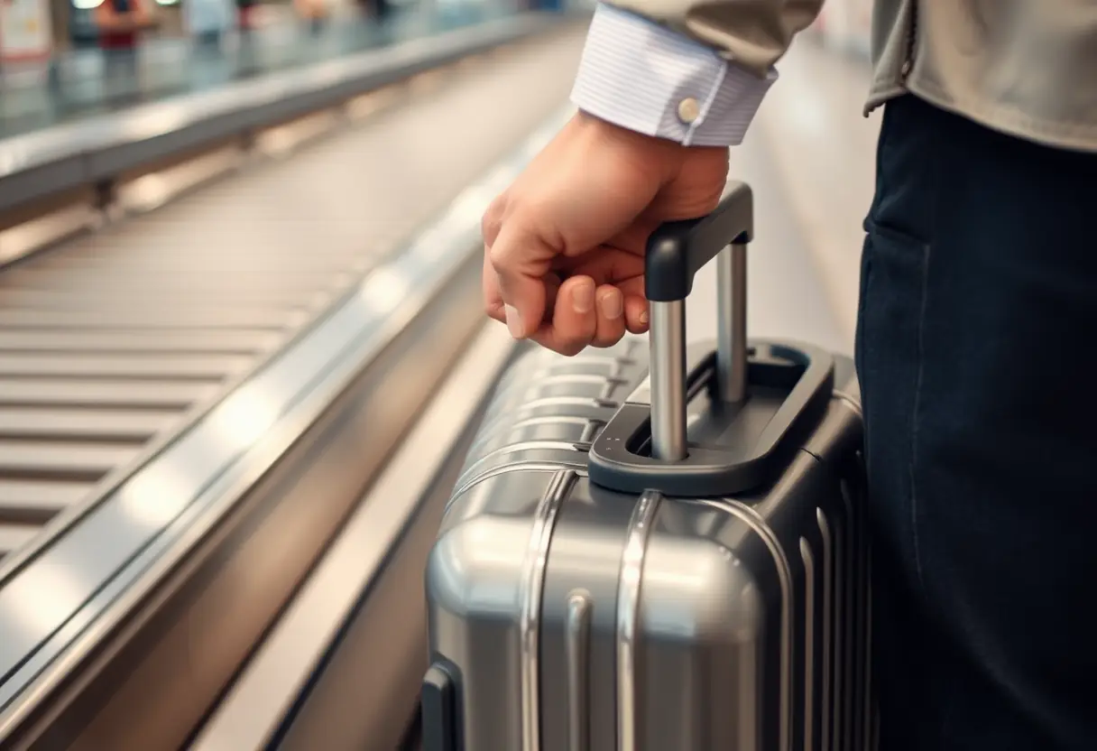 Une main tenant un poignée d'un sac en aluminium à la sortie des bagages