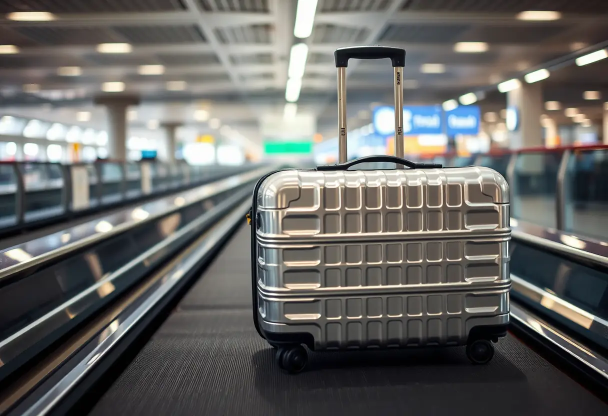 Une valise en aluminium sur un tapis transporte