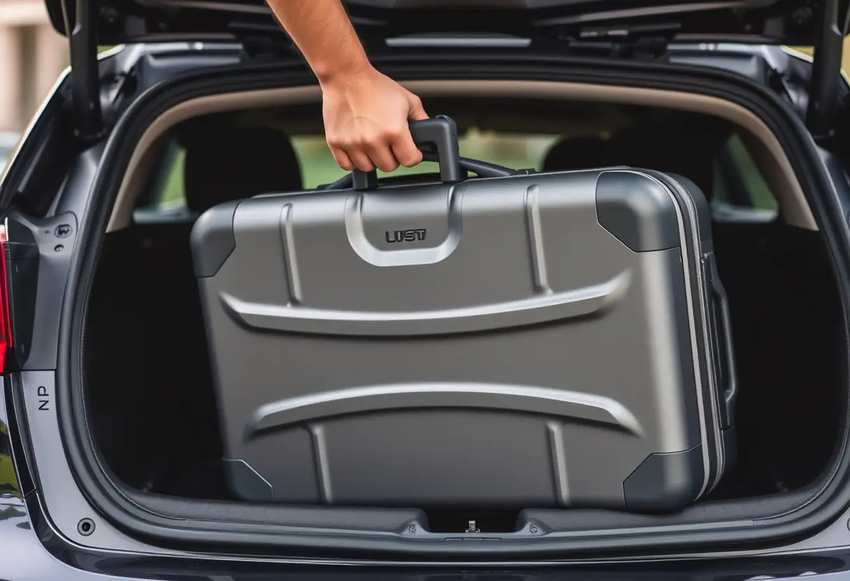Une main ouvre le coffre d'une voiture pour y placer une valise en matériaux composites