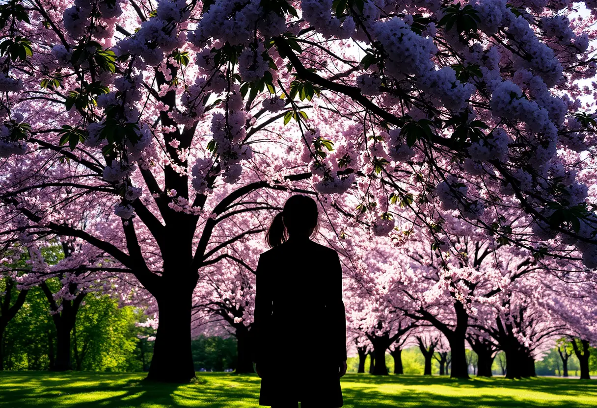 Un silhouetté devant des cerisiers en fleur, printemps au Japon