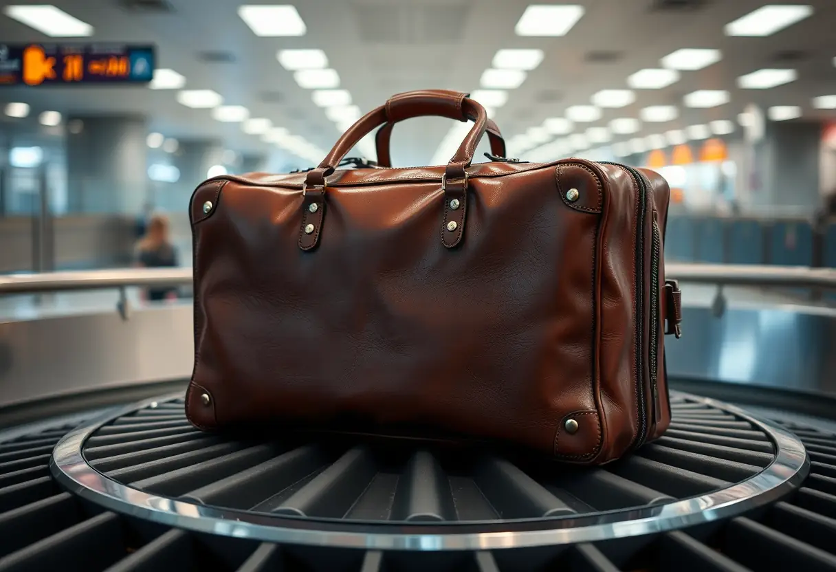 Un valise en cuir sur un tapis roulant dans un aéroport, prêt pour le Japon