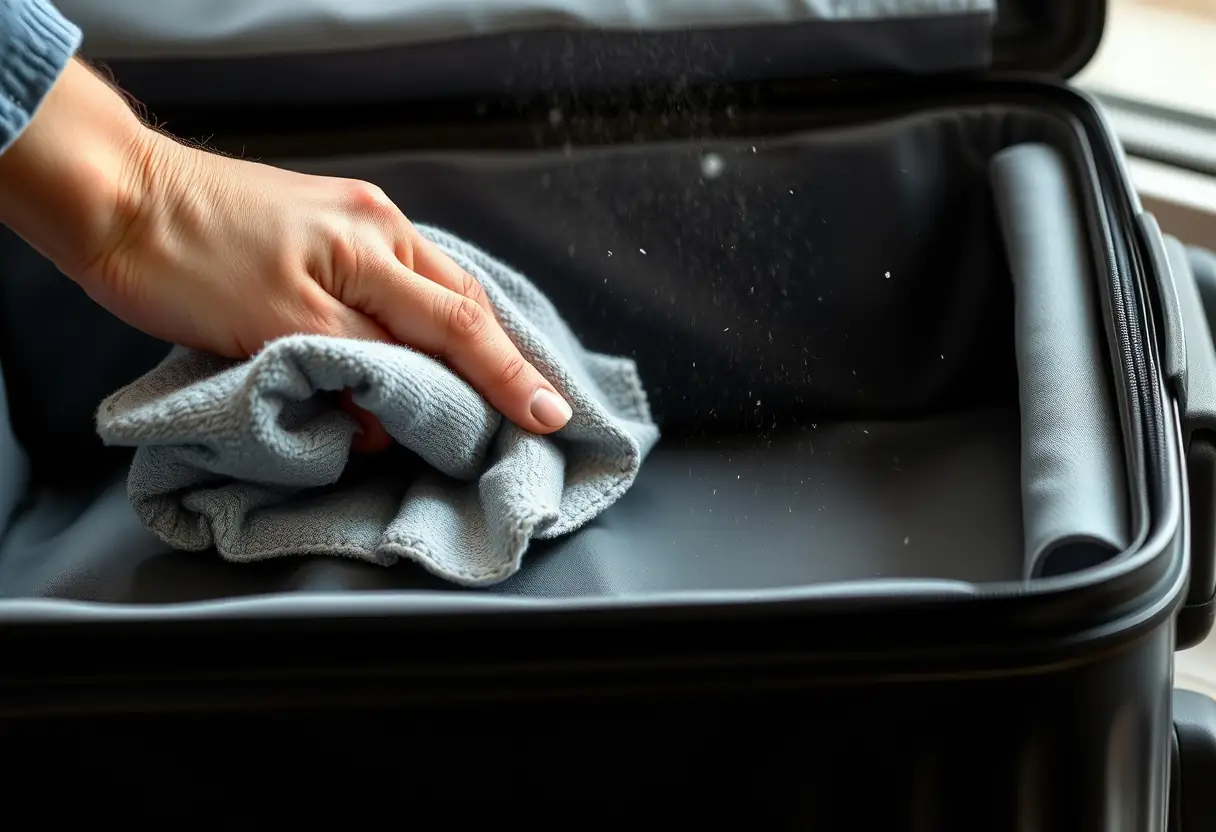 Main du voyageur nettoyant l'intérieur de sa valise rigide