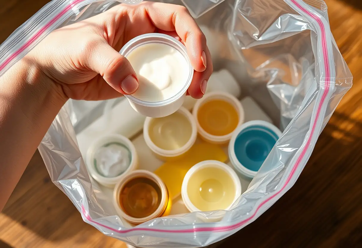 Une main tenant un petit contenant de yaourt posé sur un sac plastique clair avec d'autres petits contenants