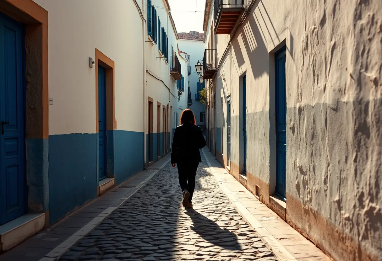 Un silhouetté marche sur une rue étroite avec des murs blancs et des portes bleues au Maroc