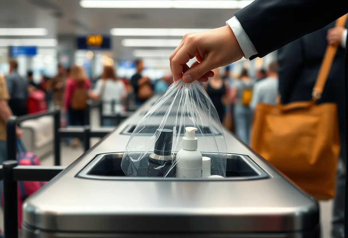 Au fond d'un poste de contrôle de sécurité d'aéroport animé, une main saisit un sac plastique transparent fermé contenant des articles de toilette.