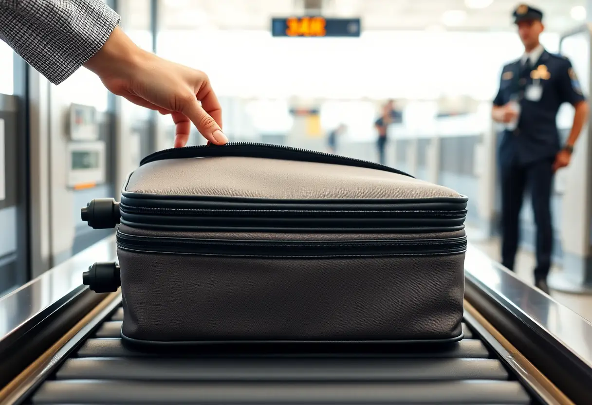 Une main ajuste délicatement une fermeture éclair sur une valise carrée dans un aéroport.