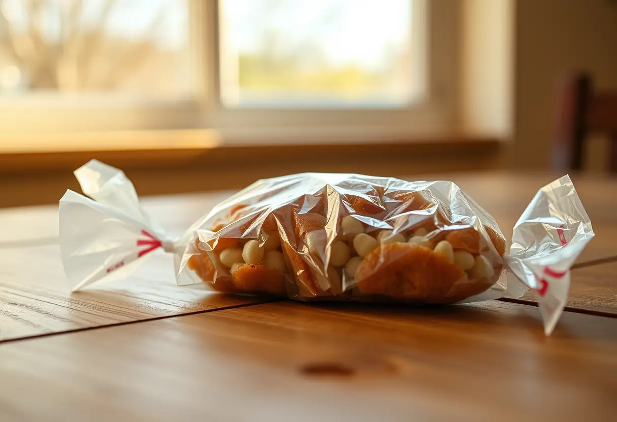 Papillote emballée dans du cellophane sur une table en bois, prête pour le voyage