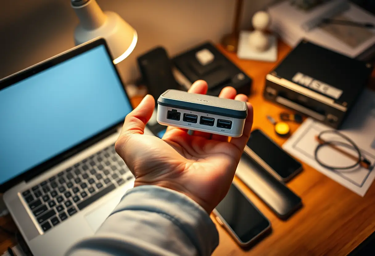 Une main tient une petite boîte de chargement près d'un ordinateur portable et un smartphone