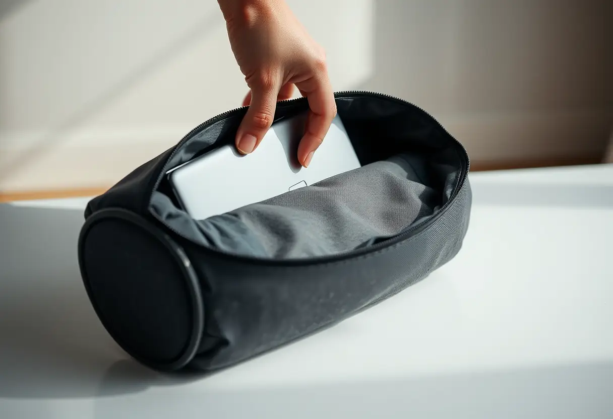 Une main plonge dans un sac à ordinateur portable