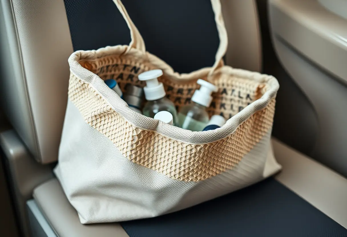 Un grand sac en toile posé sur un siège contenant des produits de toilette