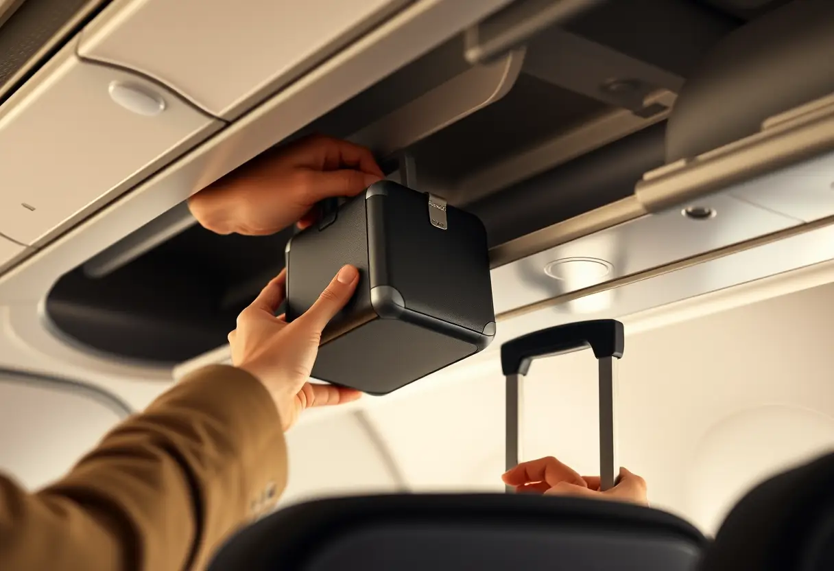 Une main retirant un petit casier carré du compartiment à bagages dans un avion