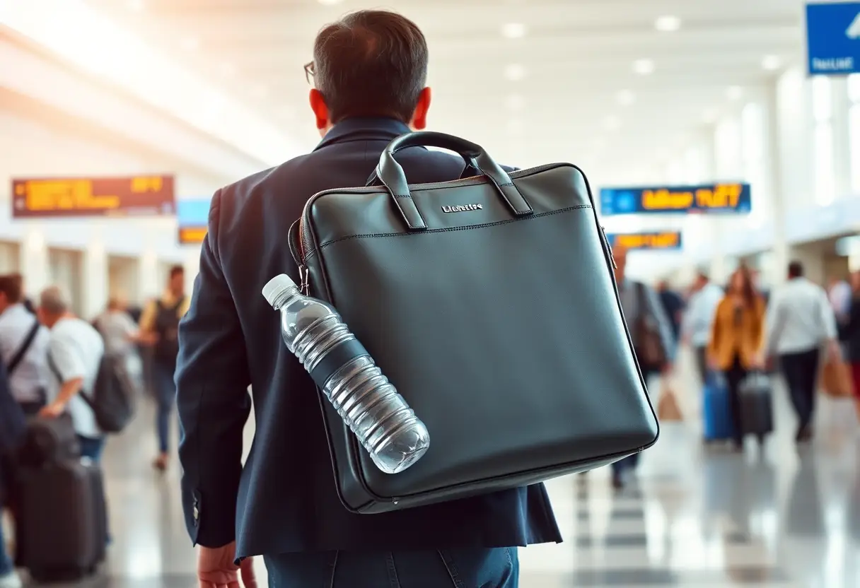 Un voyageur avec un grand sac à dos et une bouteille d'eau à l'aéroport