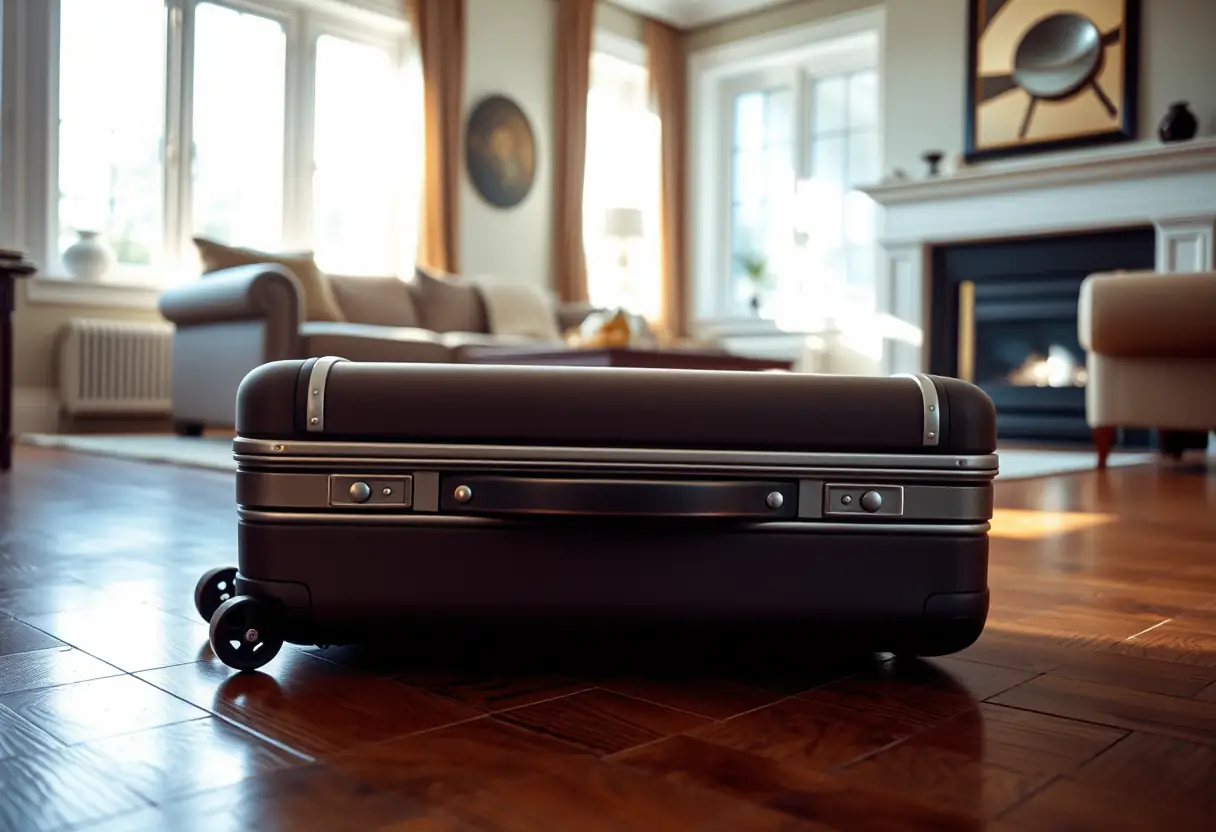 Une valise posée sur le sol avec ses roues de rechange