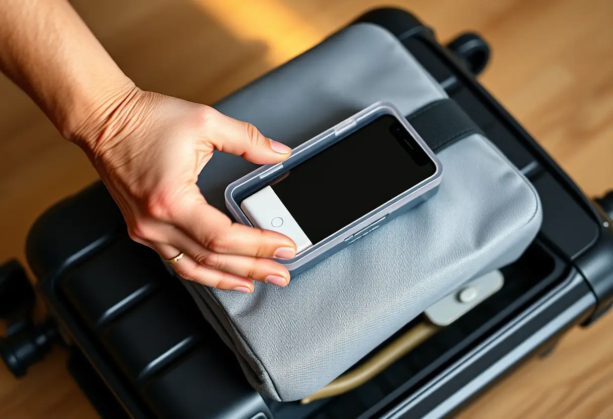 Une main tenant un chargeur de téléphone dans une petite boîte en plastique