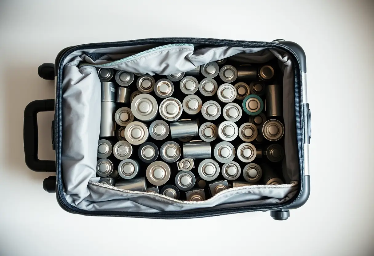 Un sac à dos ouvert révélant divers accumulateurs métalliques rangés soigneusement à l'intérieur