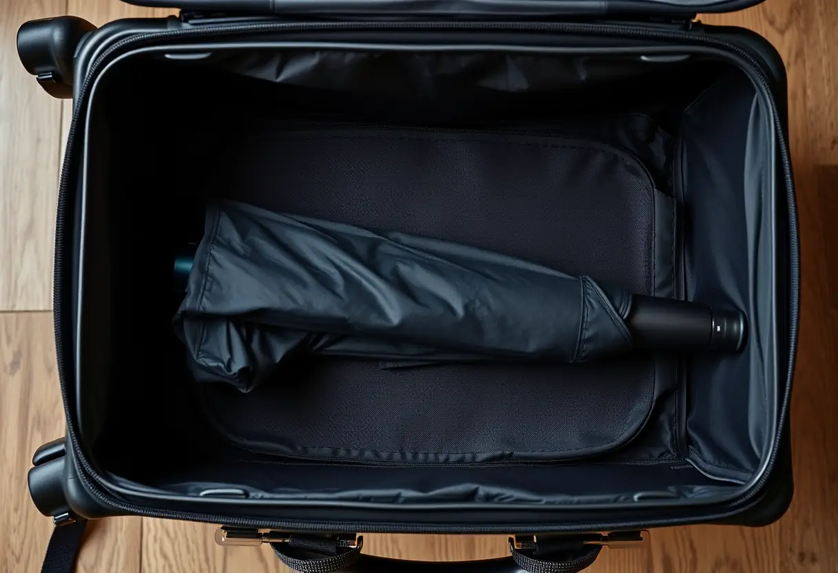 Un parapluie plié dans une valise