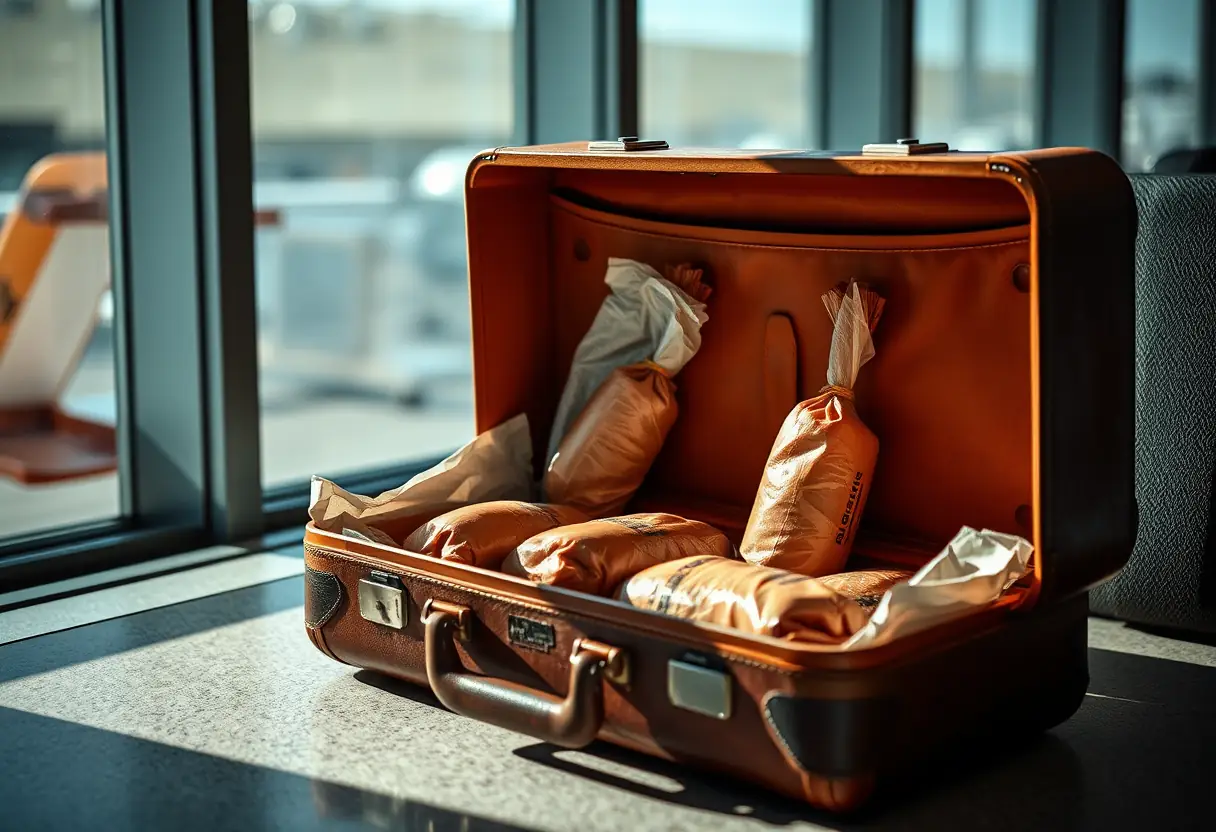 Un valise semi-ouverte montrant des viandes emballées à l'aéroport