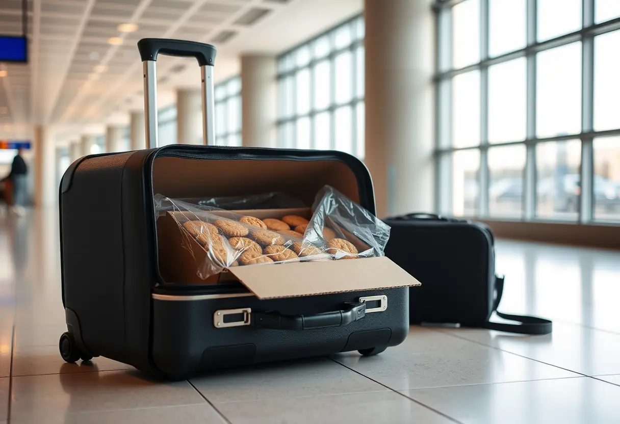Un sac à dos partiellement ouvert révèle une boîte en carton contenant des biscuits dans un aéroport.