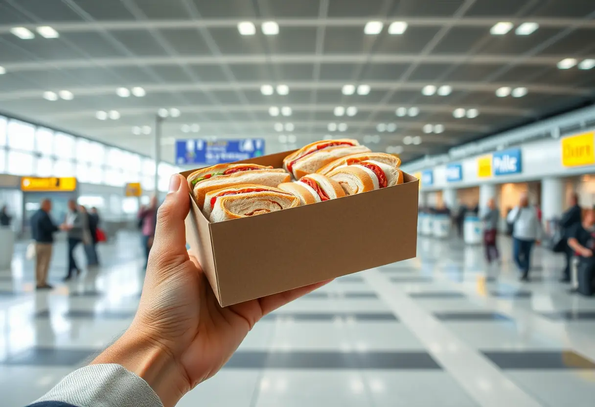 Une main tenant une boîte en carton remplie de sandwichs dans un aéroport