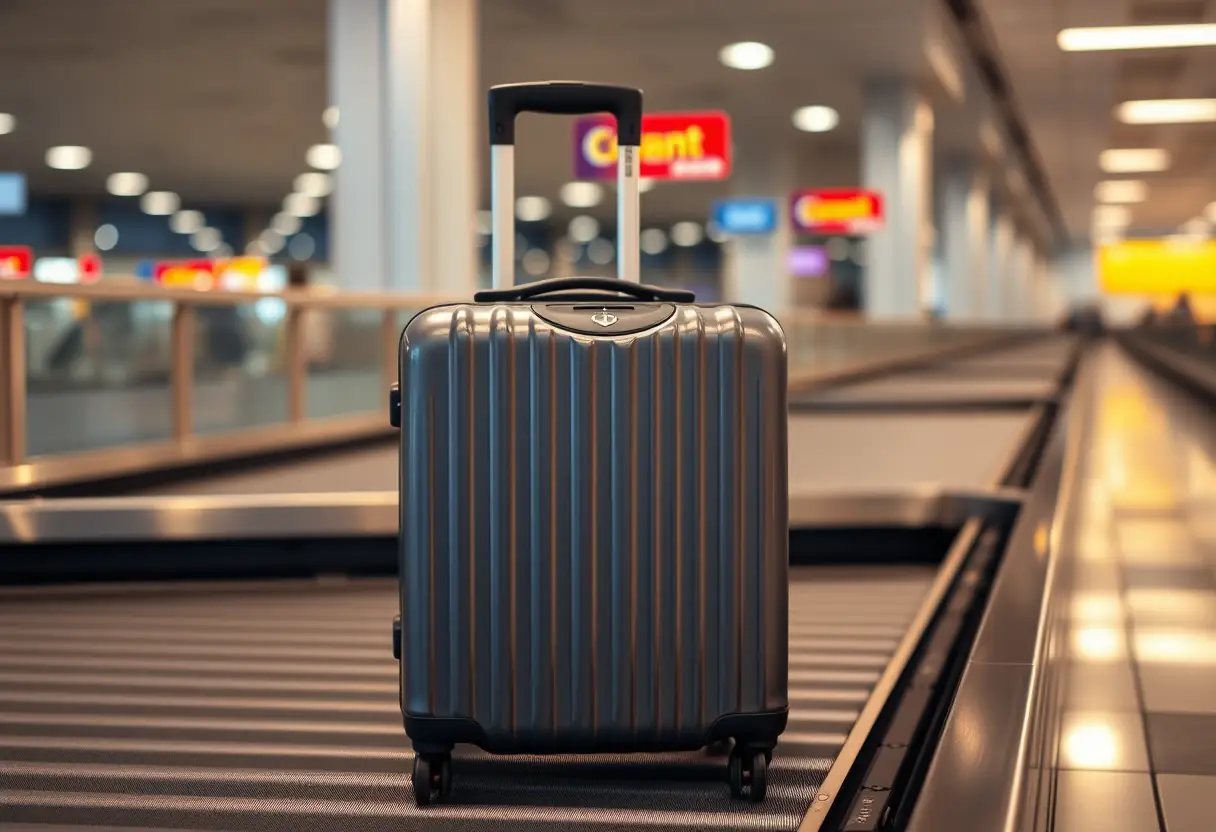 Une valise en plastique dur sur un tapis transporte d'aéroport