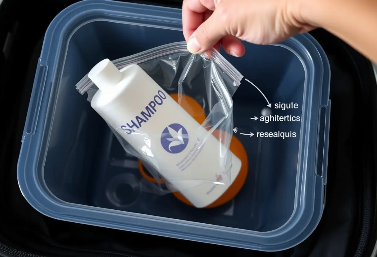 Une main qui verse du shampoing dans un sac plastique, prêt pour le transport en soute