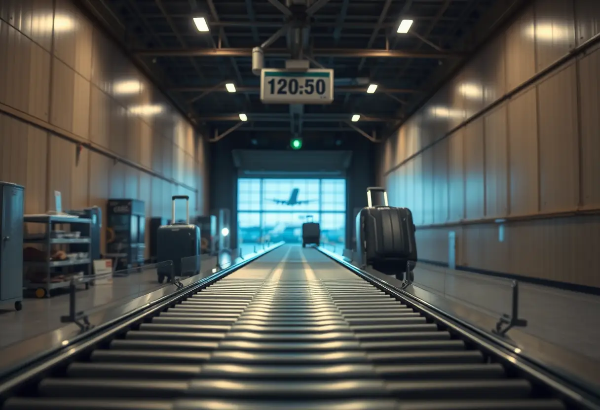 Un tapis roulant qui transporte des valises vers la soute dans un entrepôt d'aéroport