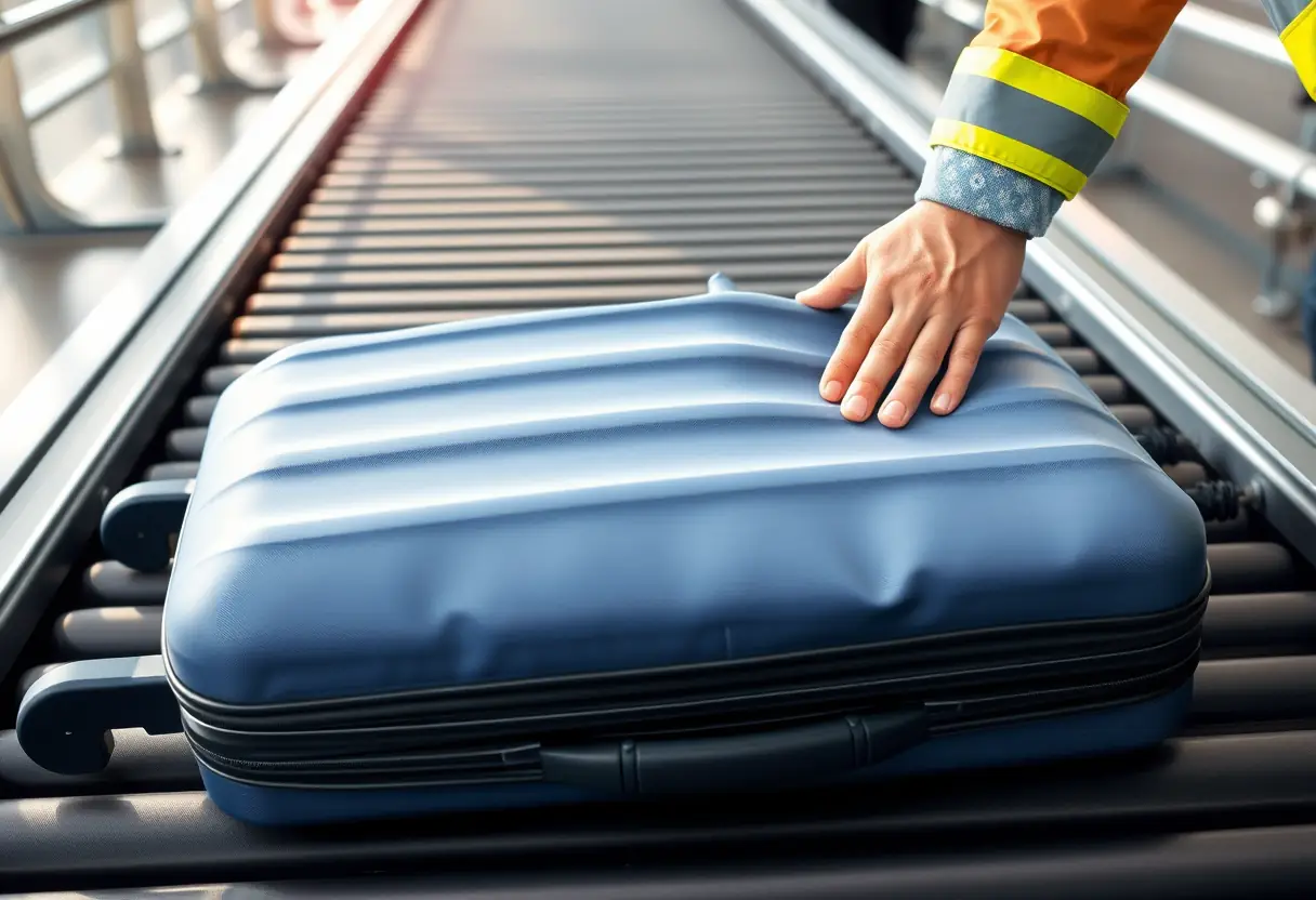 Un sac de voyage posé sur un tapis de transport à l'aéroport