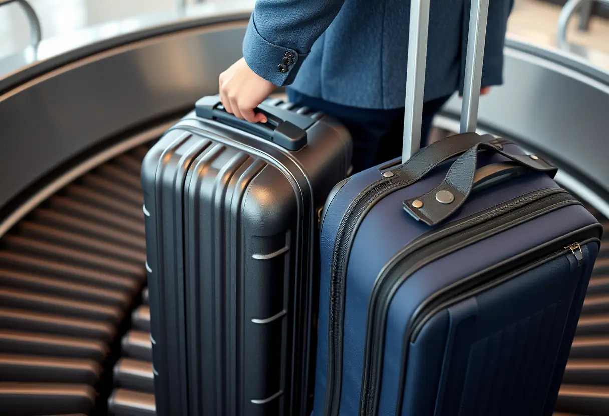 Un passager tenant la poignée d'une valise rigide à côté d'un sac de voyage souple