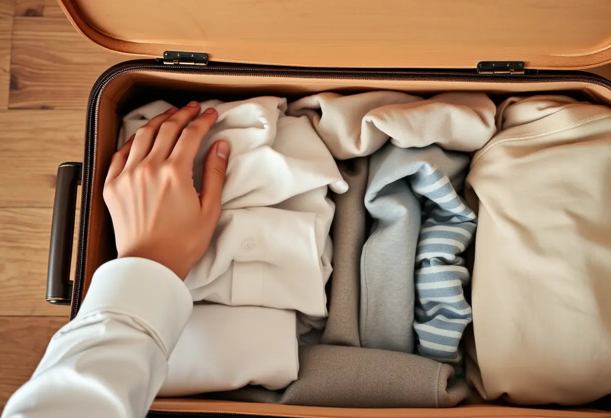 Une main arrange des vêtements en coton dans un compartiment de valise en bois.